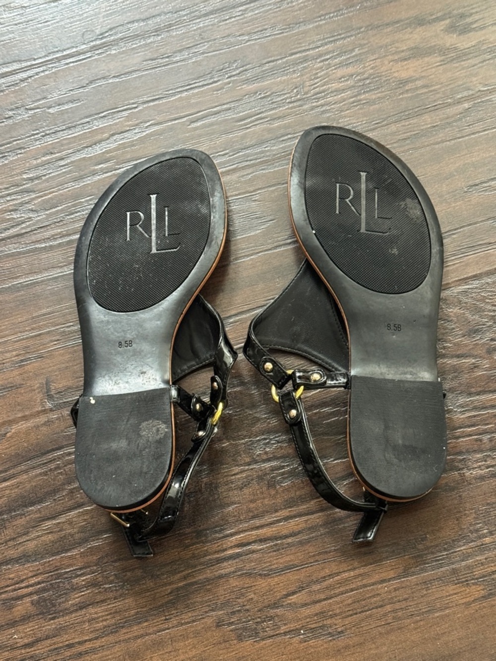 LAUREN Ralph Lauren Black Patent Leather T-Strap Sandals with Tan Footbed - Picture 10 of 10
